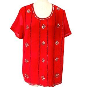 Ashley Stewart Red Sheer Sequined Short Sleeve Tunic Top Plus Sz 18/20 #194F